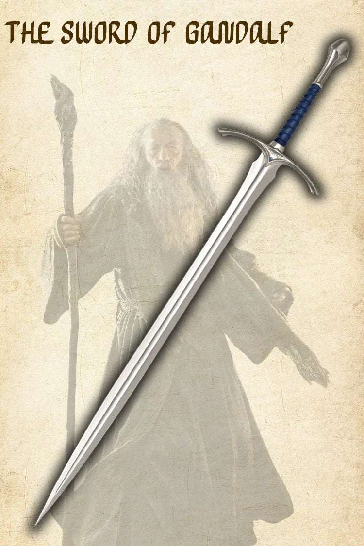 Authentic replica of Gandalf’s Glamdring Sword from The Lord of the Rings with detailed scabbard and polished finish