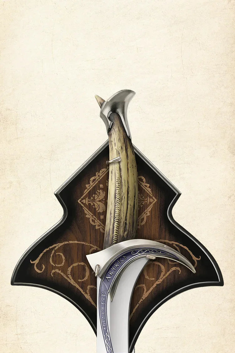 Detailed close-up of The Hobbit Orcrist Sword with wooden leather scabbard